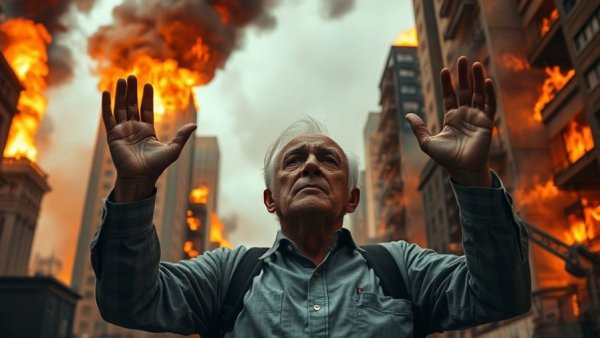Hong Kong apartment fire scene with distressed man in foreground, smoking buildings in background.