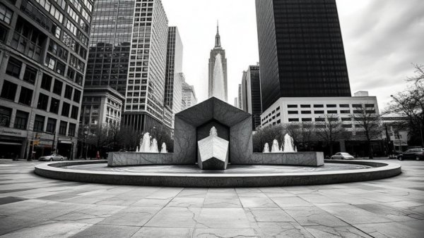 Vaillancourt Fountain San Francisco with skyscraper backdrop.