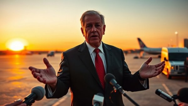 Man addressing media on airport tarmac at sunset, Georgia election interference case dismissal.