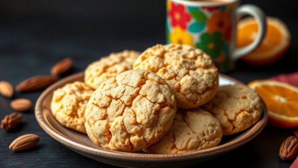 Orange anise almond cookies on a ceramic plate with a mug; tasty treat.