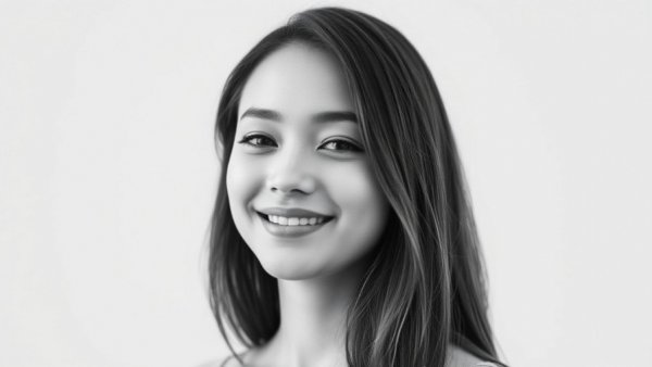 Portrait of a young woman smiling softly in black and white.