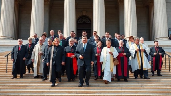 Officials and clergy descend steps during Pope Leo XIV visit to Turkey.