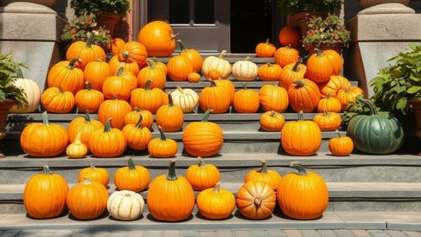 Colorful pumpkins on residential steps in San Francisco