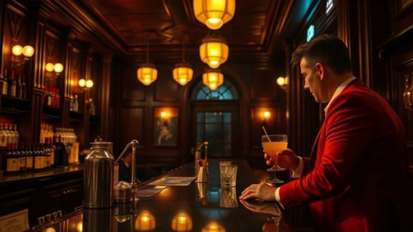 Elegant bar with a bartender serving a patron on Thanksgiving.