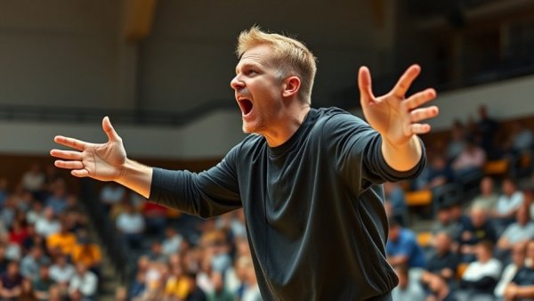 Energetic basketball coach gesturing in a lively gym, Amador Valley basketball revival.