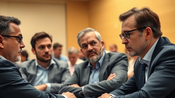 Group of men discussing Ukraine corruption scandal in meeting room.