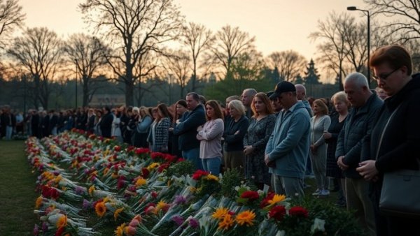 Solemn gathering honoring victims of Hong Kong apartment fire in a park.