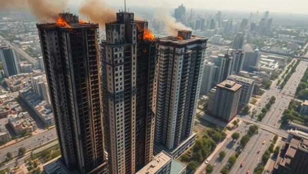 Hong Kong high-rise buildings with fire damage, city landscape
