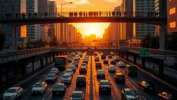 Freeway Traffic Music Video Incident: Busy freeway under pedestrian bridge during sunset.