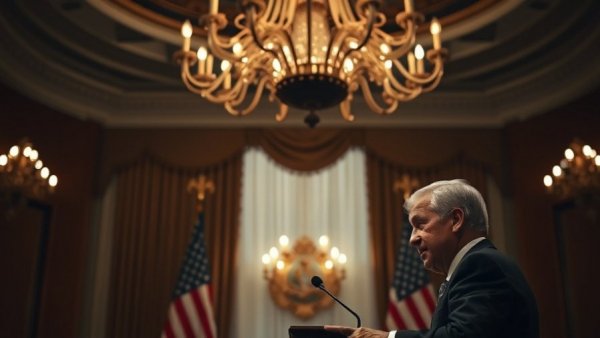 Politician delivering speech with flags and chandelier backdrop.