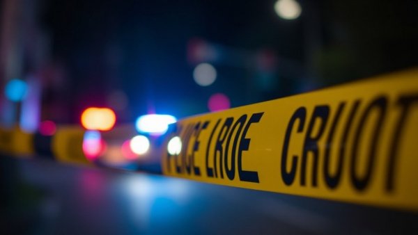 Police tape with emergency lights in background at crime scene.