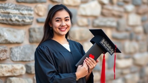 College student smiling in graduation attire, holding diploma.