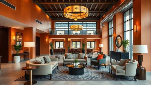 Stylish luxury boutique hotel lobby with chic decor and warm ambiance.