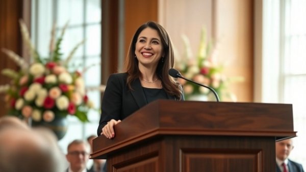 Carmen Montano Senate run, smiling speaker at podium.