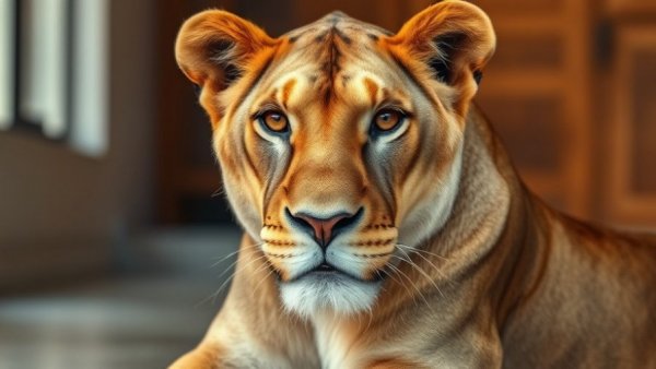 Majestic lioness with intense gaze indoors.