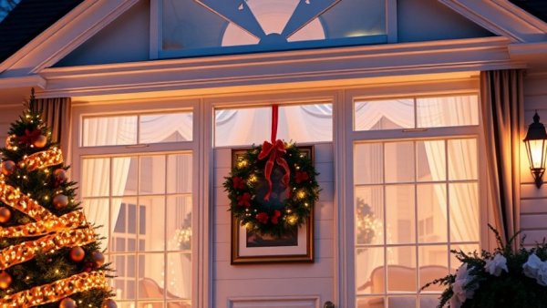 White House Christmas decorations with wreath and framed artwork.