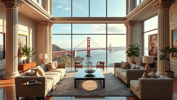 San Francisco luxury real estate boom, elegant living room with Golden Gate view.