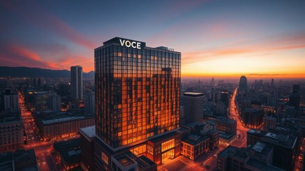 VOCE Hotel & Residences funding view at dusk in warm cityscape glow.