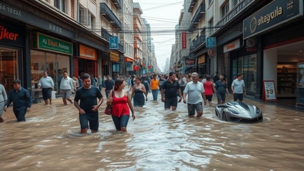 Severe flooding in South Asia; people wade through submerged street.