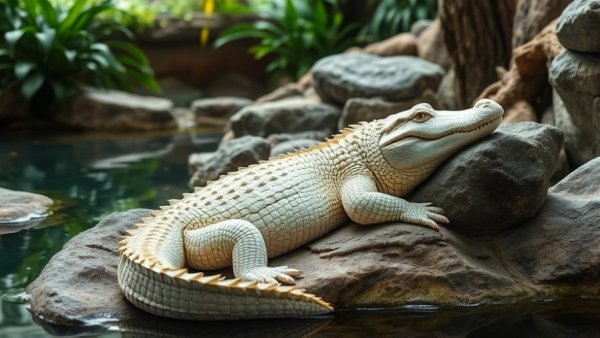Claude the albino alligator lounging in indoor habitat