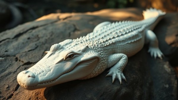 Claude the Albino Alligator lying peacefully on a rock.