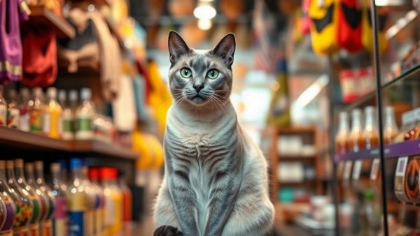 Grey Siamese cat in San Francisco local shop for news feature.