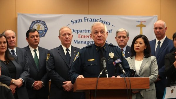 Derrick Lew speaking at SF press event, SFDEM backdrop.