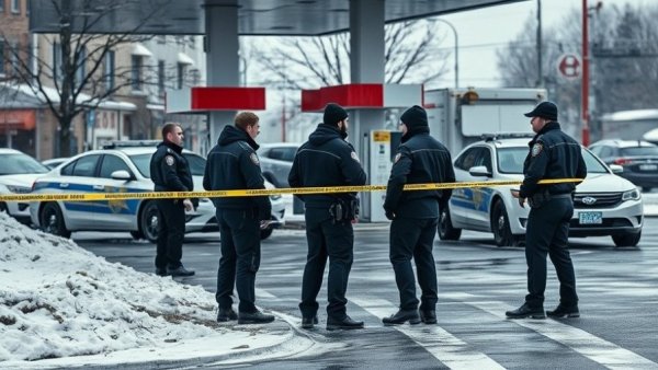 Police investigate Omaha gas station shooting, snowy setting, daytime.
