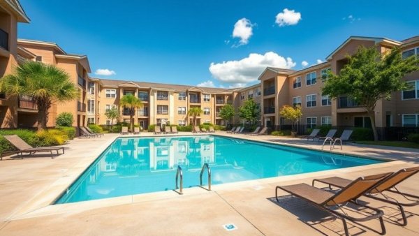 Fremont apartment complex sale outdoor pool area under clear sky.