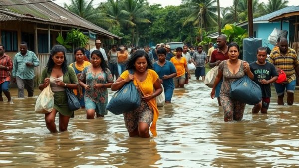 Sri Lanka Cyclone economic impact: people wade through floodwaters.