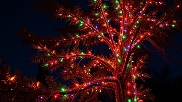 Colorful holiday lights on tree during San Francisco holiday events.