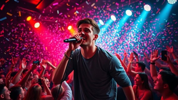 Eurovision Song Contest stage performance with lively crowd and vibrant lights.