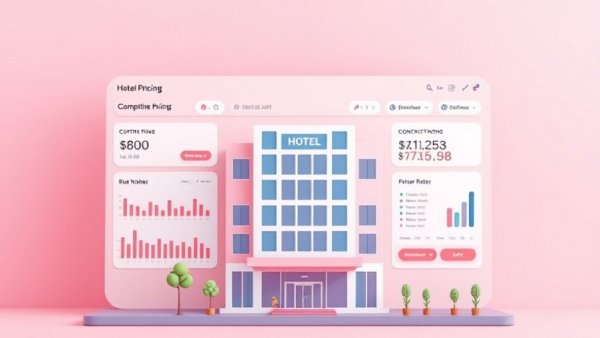 Illustration of dynamic pricing trends for independent hotels with dashboard and 3D hotel.