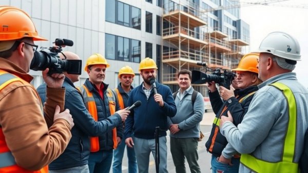 Media interviewing at Ukrainian construction site, highlighting corruption issues.