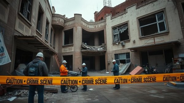 Scene of cocaine trafficking investigation in Ecuador with damaged building and workers.