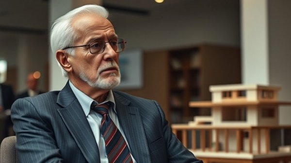 Thoughtful elderly man with architectural model emphasizing Frank Gehry architecture.