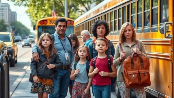 Parents and children expressing concern near a school bus, related to San Francisco schools budget cuts.
