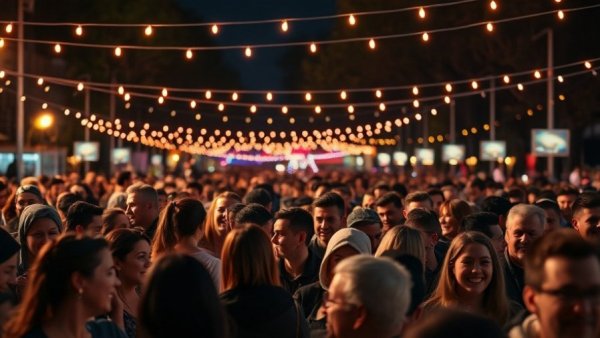 Crowd at Uncle John's Tree Lighting Ceremony with colorful lights.