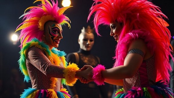 Drag performer and masked figure at San Francisco LGBTQ+ event.