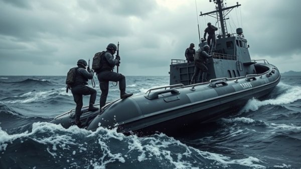 Naval team climbing a ship in rough seas, Trump's Security Doctrine in Europe action.