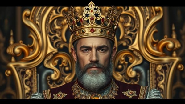 Regal figure in crown on ornate throne, luxurious setting.