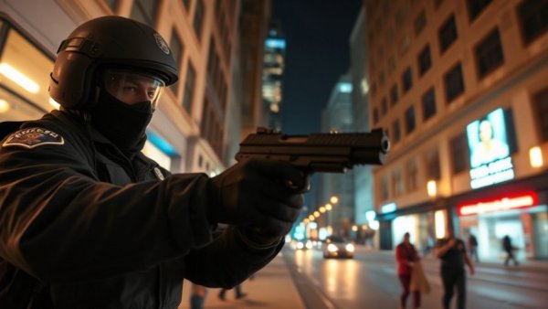 Police body cam footage of officer aiming weapon in city night scene.