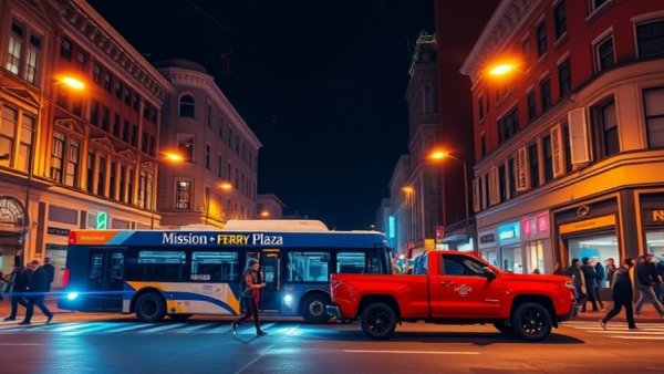 San Francisco local news scene with bus and pedestrians at night