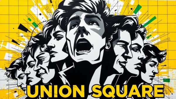 Abstract collage of faces with colorful grid background, revitalization of Powell Street.