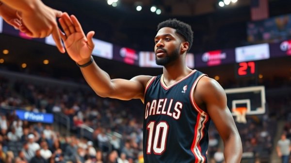 Basketball player on court extending hand for high-five, focused.