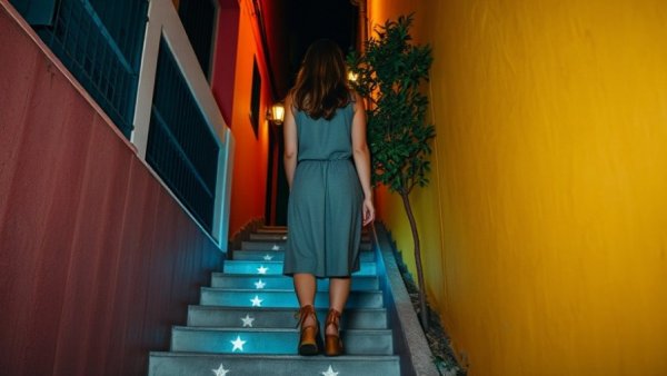 Woman in Cabaceiras' colorful alley at night