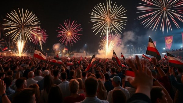 Crowd celebrating Liberation Day with fireworks.