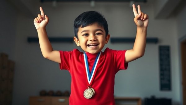 Youngest FIDE rated chess player celebrating victory with medals.