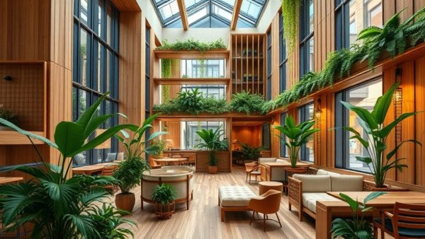 Eco-friendly hotel lounge with wood decor and plants at 1 Hotels Mission.
