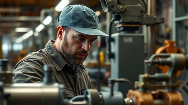 General Motors employee inspecting machinery, industrial setting.